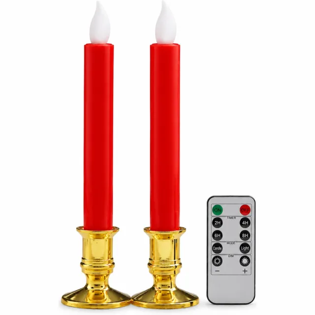 SWGOTA led kaarsen, set van 2 rode lange kaarsen met vlamvormige top, gouden voetstukken, batterijen en afstandsbediening Rood