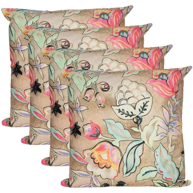 Anna's Collection Sierkussen voor binnen en buiten - 4x - wild flowers - beige - 45 x 45 cm - tuinkussen