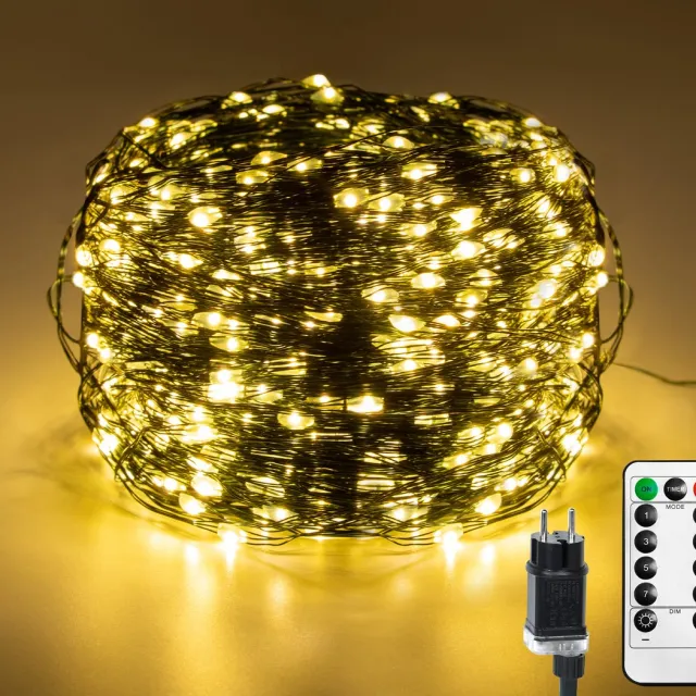 NAIZY Lichtsnoer koperdraad 100 m netstroom lichtsnoer kerstboom met stekker en afstandsbediening warm witte kerstverlichting kerstversiering voor binnen en buiten