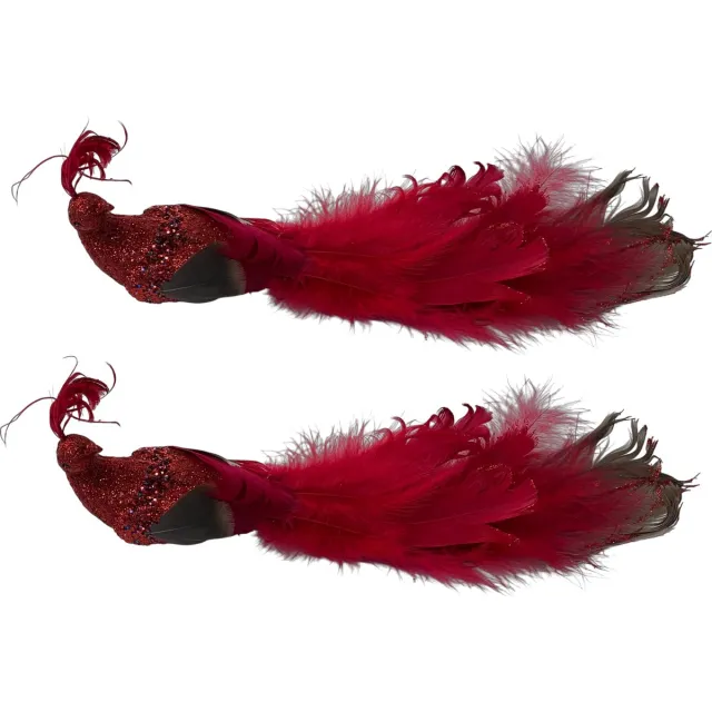 Winq 2stuks Decoratie Pauw Rood met Clip en Glitters-polyfoam/veren-decoratie voor kerstboom- 2stuks