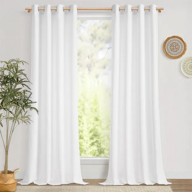 Ibenzoa Grote Set van Twee Linnenlook Gordijnen met Oogjes voor Woonkamer en Slaapkamer wit