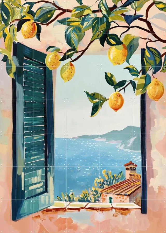 IXXI Lemon Window, Branka Kodžoman - 100 x 140 cm - Grote wanddecoratie en posters - Kwaststreken, Modern, Kleurrijk, Woonkamer, Strandhuis, Eetkamer Blauw / Groen / Geel