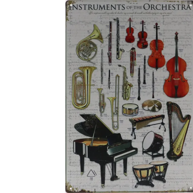 Vintage art Wandbord – Instruments - Orkest - Trompet - Viool - Retro - Wanddecoratie – Reclame bord – Restaurant – Kroeg - Bar – Cafe - Horeca – Metal Sign – 20x30cm Multi