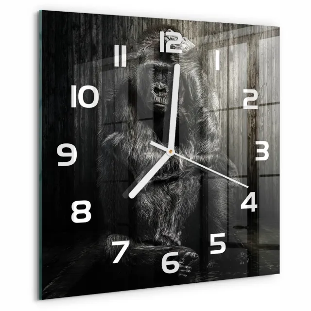 TULUP Wandklok - Gorilla Wandklok Glas Met Motief - 30x30 cm - Zwart Decoratieve Glazen Klok - Witte handen - Vierkante Klok - Gekleurde Glazen Klok - Glazen Klok Met Print
