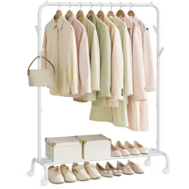Home Ezel voor Kleding, met Wielen, Staalbuis, Lading 50 Kg Kapstok Ezel met 1 Bar, Breedte 103,5 cm, Multifunctionele Opslag, Mat Wit, DECOR Collectie