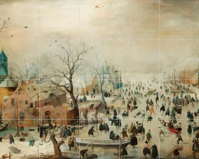IXXI Winterlandschap met schaaters, Hendrick Avercamp & Rijksmuseum - 100 x 80 cm - Grote wanddecoratie en posters - Klassiek, Olieverf, Realisme Wit / Koele tinten