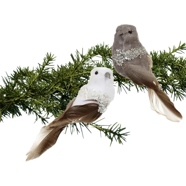 Othmar Decorations kerstversiering vogels op clip -12x -grijs/wit -17cm -kunststof