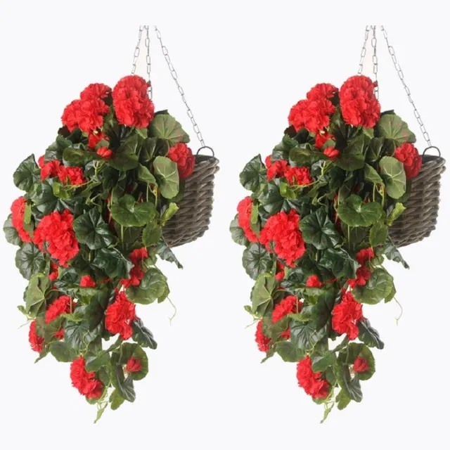 Shoppartners Rode geranium kunstplant - 2x - hangplant - 70 cm - Kunstplanten/nepplanten - Hangplanten Rood