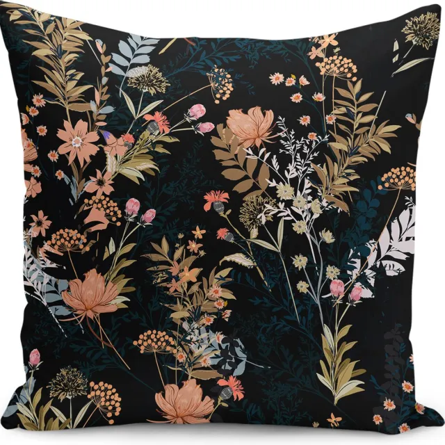 De Groen Home BLOEM - Sierkussen Velvet - 50x50 cm - Bloemen op zwart - Inclusief binnenkussen - Fluweel