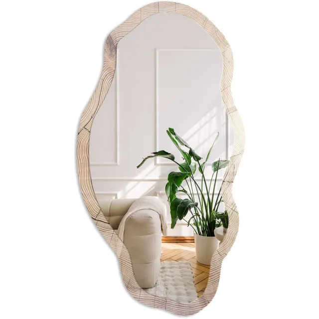 Coloray Houtnerf Spiegel - Beige Strakke Rechthoekige Spiegel - Organische Spiegel - Woonkamer - Rustiek - 45x90 cm - Totale afmeting 52x97 cm HoutnerfPatroon, Beige