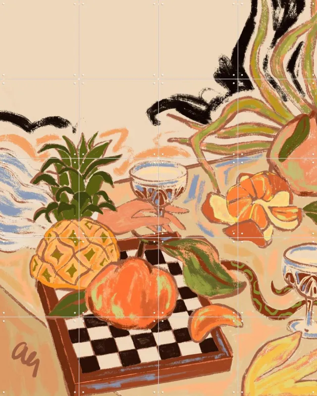IXXI The Lunar Feast, Arty Guava - 80 x 100 cm - Grote wanddecoratie en posters - Kleurrijk, Speels, Eetkamer, Keuken, Fruit, Eten & Drinken Oranje