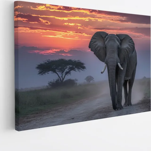 Saammp Canvas Schilderij - Olifant in de Serangeti in de zonsondergang- Natuur - Dieren - 90x60 - Foto op canvas - Wanddecoratie - Muurdecoratie Woonkamer - Slaapkamer decoratie - Canvas Print Multicolor