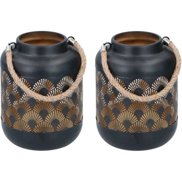 arti casa Set van 2x stuks sfeer lantaarn zwart metaal Waaier print stijl 17 cm met touw hengsel - Diameter 13 cm