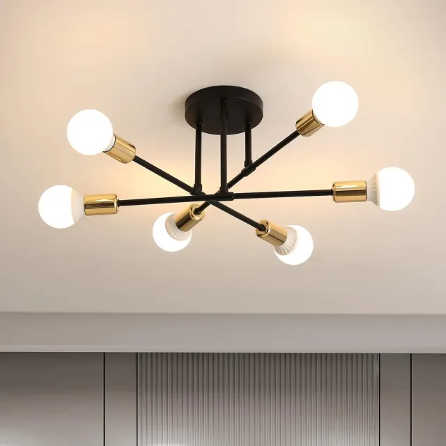 Goeco Zwarte Industriële Plafondlamp - retro kroonluchter - woonkamer plafonniére - met E27 fitting - excl. lichtbronnen Zwart + Goud