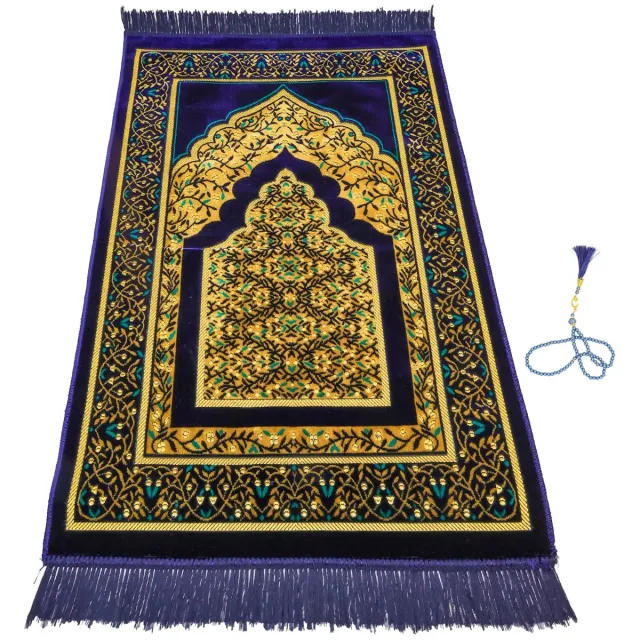 Firaset Islamic Prayer Rug – Seccade– Turkish Soft Thin Prayer Mat – Janamaz Sajada – Prayer Beads Included – Ramadan & Eid Gift for Men and Women – 66x110 cm marine blauw