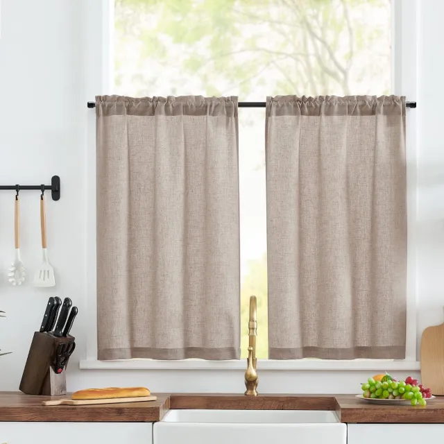 Unyqoos Charmante Linnenlook Vitrage Set voor Keuken en Balkon, Semi-Transparant, 2 Stuks, 65 x 60 cm beige
