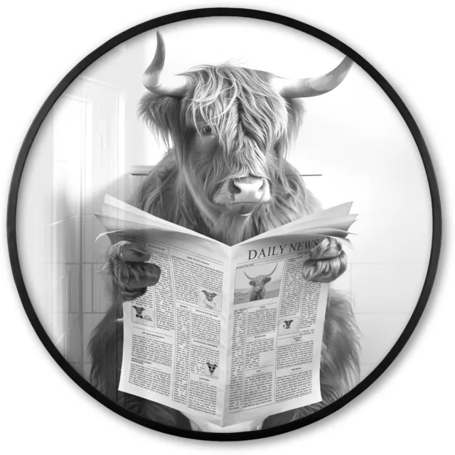 FrameYourWall Poster in lijst Rond - Fotolijst 80x80 cm - Posters - Schotse Hooglander - Dier - Krant - WC - Ronde posterlijst zwart - Decoratie - Wanddecoratie woonkamer - Muurdecoratie slaapkamer Schotse hooglander - Krant