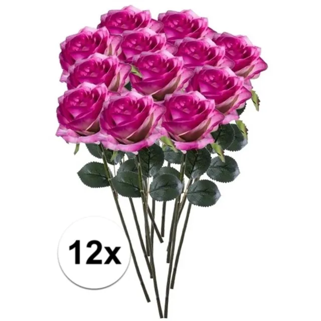 Bellatio Flowers & Plants Emerald Kunstbloemen roos - 12x - rozen - Simone - fuchsia - 45 cm - decoratie bloemen Paars