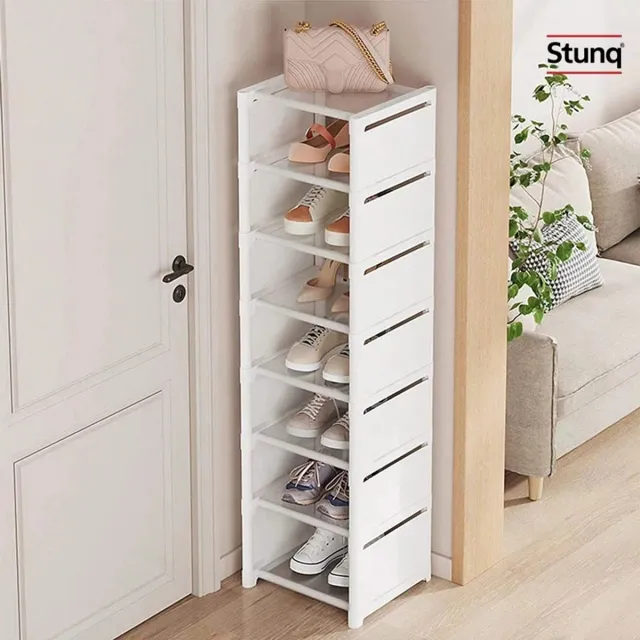Stunq Smal Wit Schoenenrek – 7-laags, 124 cm hoog, verticaal design voor muur of deur