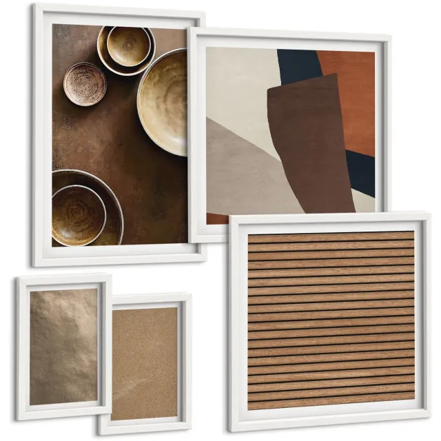 Coloray 5-Delige Schilderij Set - Stenen Constructies In Moderne Minimalistische Stijl - 50 x 50 cm, 20 x 30 cm En 40 x 60 cm - Moderne Wanddecoratie - Slaapkamer Witte lijst