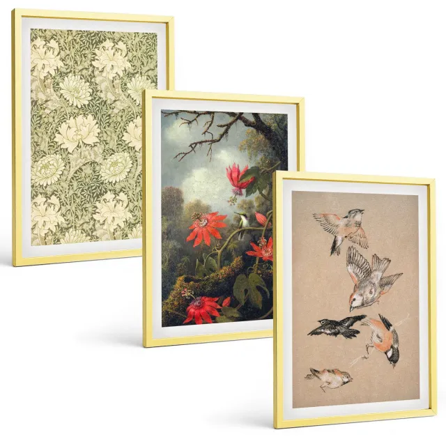 TULUP 4-Delige Schilderij Set - Bloemen en vogels in een natuurlijke omgeving - 40 x 60 cm - Wanddecoratie - Moderne Interieurdecoratie - Woonkamer Decoratie Gouden lijst