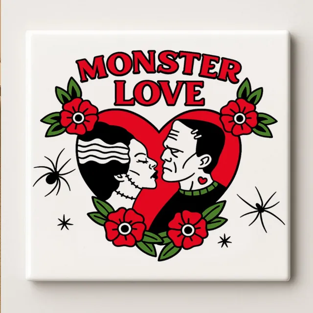 Nevolis Monster Love Keramische Tegel 15x15cm – Retro Horror Koppel Ontwerp, Grappige Romantische Wandtegel Perfect voor Halloween of Uniek Cadeau voor Koppels
