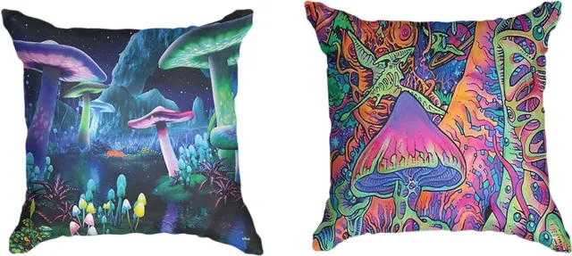 Ulticool Kussenhoes - Paddenstoelen - Set van 2 Kussens - Exclusief Kussenvulling - Sierkussens 45x45 cm - Sierkussenhoes Accessoires - Kussentjes Bank voor Decoratie Woonkamer Slaapkamer - Neon Blauw Zwart Paars