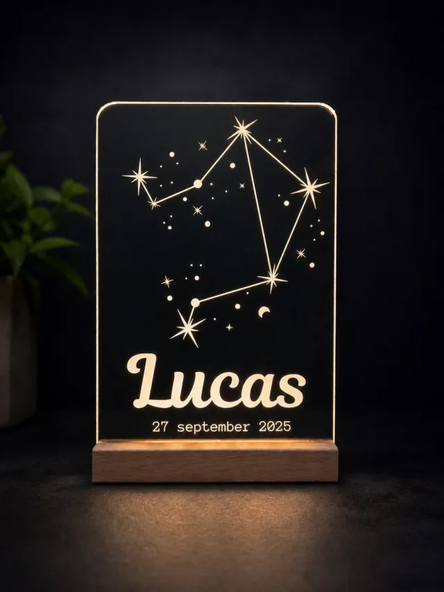 Laserloom Gepersonaliseerd sterrenbeeld lampje Weegschaal – Met Naam & Datum – Uniek Nachtlampje Babykamer - kraamcadeau - 11x15cm - ledlamp sterrenbeeld weegschaal