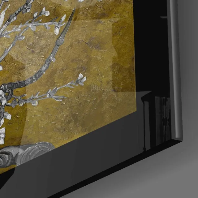 Insigne Art Glasschilderij – Gouden Amandelbloemen – Moderne Wanddecoratie Meerkleurig