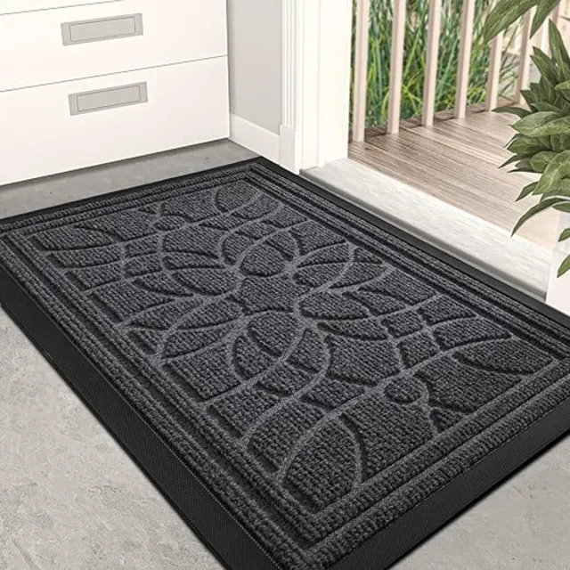 Karma Deurmat 40 x 60 cm, zwaar belastbare vuilvanger, deurmat voor buiten en binnen wasbaar antislip entreetapijt, rubberen achtertapijt, schoenen schraper patio, grijs