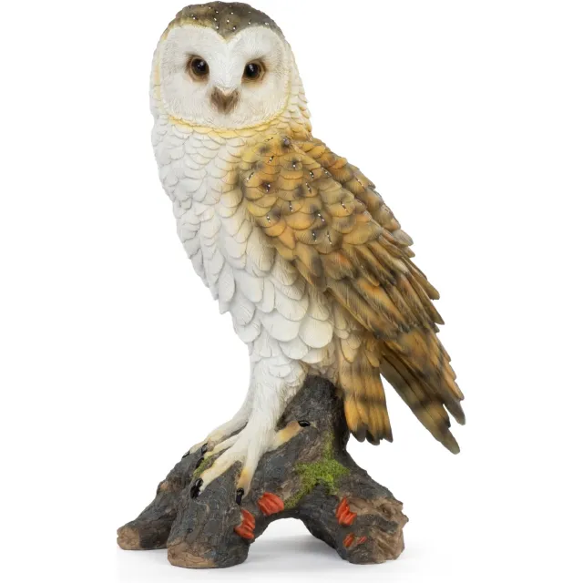 Moritz Tuinbeeld uil - Kerkuil op boomstronk - Polyresin - 44 cm hoog wit-bruin