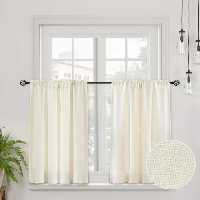 Topfinel Vitrage in landelijke stijl, semi-transparant, linnen gordijnen, bistrogordijn voor keuken, woonkamer en kleine ramen, set van 2, 90 x 45 cm (b x h), linnen Beige