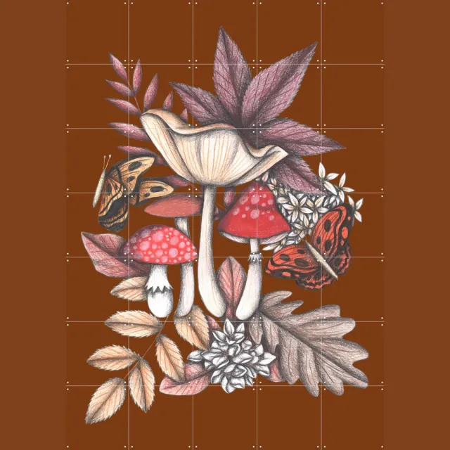 IXXI Mushrooms Magic 3, Cecilia Battaini - 100 x 140 cm - Grote wanddecoratie en posters - Speels, Kleurrijk, Illustraties, Slaapkamer, Woonkamer Bruin