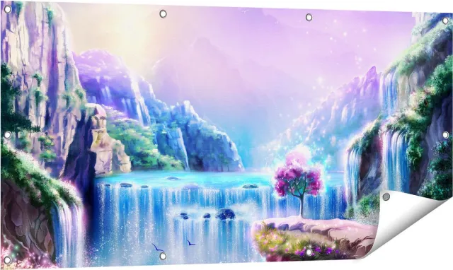 Gards Tuinposter Kleurrijke Sprookjes Waterval - Abstract - 120x60 cm - Tuindoek - Tuindecoratie - Wanddecoratie buiten - Tuinschilderij Multikleur