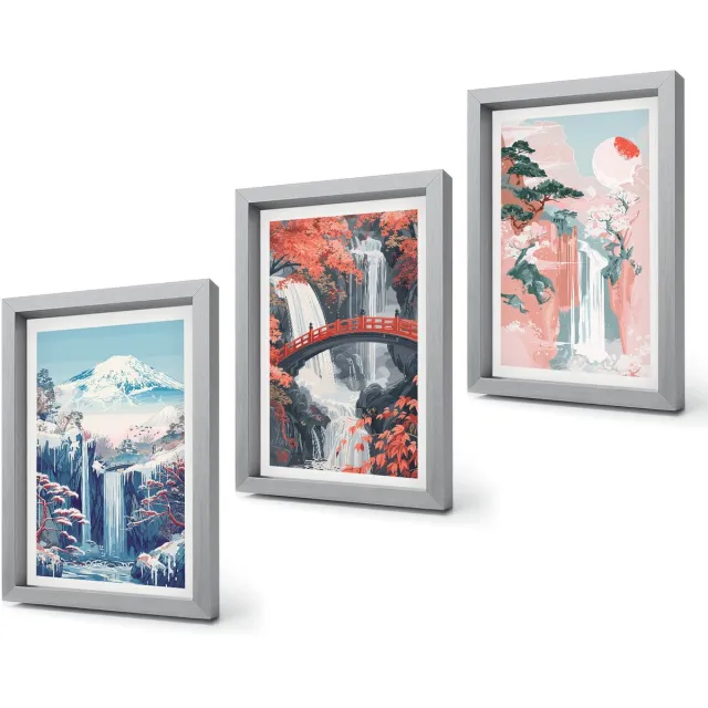 Coloray 4-Delige Schilderij Set - Watervallen, bergen met een brug en bloeiende bomen - 20 x 30 cm - Muurdecoratie - Decoratieve Schilderijen - Wohnzimmer Zilveren lijst