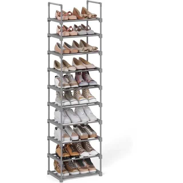 Famanu Groot metalen schoenenrek met 10 planken, 45 x 30 x 174 cm, ideaal voor schoenenopslag Grijs