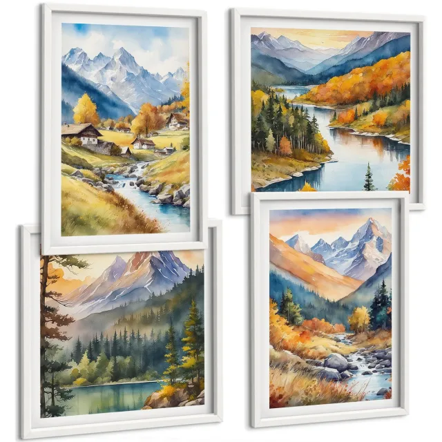 TULUP 4-Delige Schilderij Set - Berglandschap met een rivier en huisjes in herfstkleuren. - 40x40 en 40x60 - Wanddecoratie - Schilderijen Set - Interieur - Stijlvolle Muurdecoratie Witte lijst