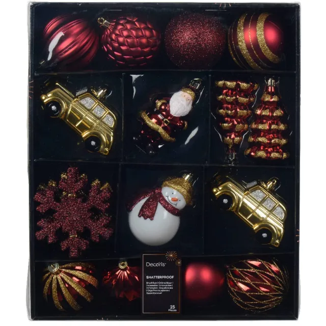 Decoris Mix box kunststof multi shiny matt glitter mix - 25 stuks (ø8 cm) rood/goud