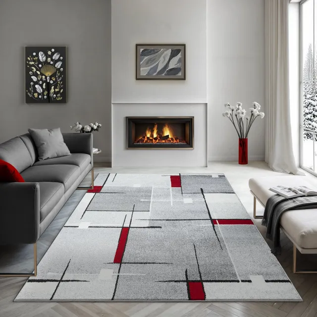 the carpet Pearl Moderne dichte korte pool woonkamer slaapkamer vloerkleed, contour gesneden, Grijs Rood, 160 x 220 grijs rood met geometrisch lijn- en blokdesign