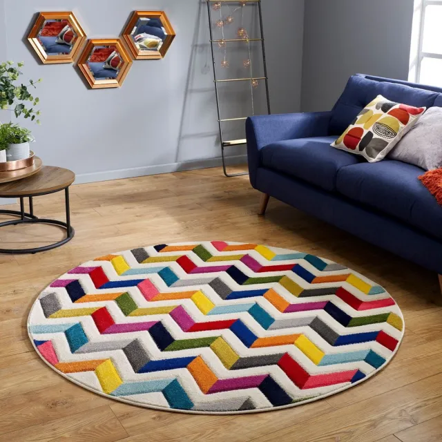 flycarpets Rond Kleurrijk Vloerkleed - Bolero - Laagpolig - Zigzag Design - Multi