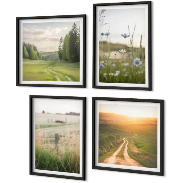 Coloray 4-Delige Schilderij Set - Natuurlandschappen Met Velden En Paden In De Zon. - 40 x 40 cm En 40 x 60 cm - Muurdecoratie - Schilderijen Set - Woonkamer - Interieur Decoratie Zwarte lijst