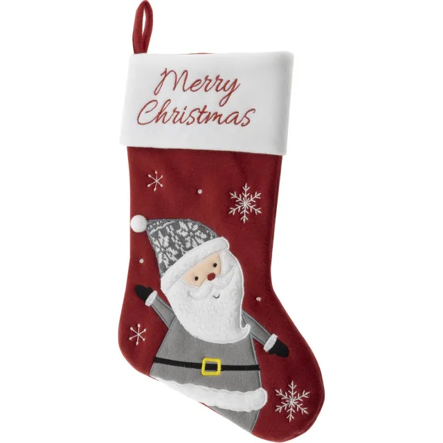 Hi Decoratie kerstsok - rood - met kerstman - H45 cm - velvet - Merry Christmas