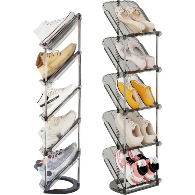 GelldG Smal schoenenrek met 5 etages - Platzsparend Schuhablage in Schuine Vorm - Geschikt voor Gang en Hal - Gemaakt van Kunststof en RVS - 101x28x20cm Transparant grijs