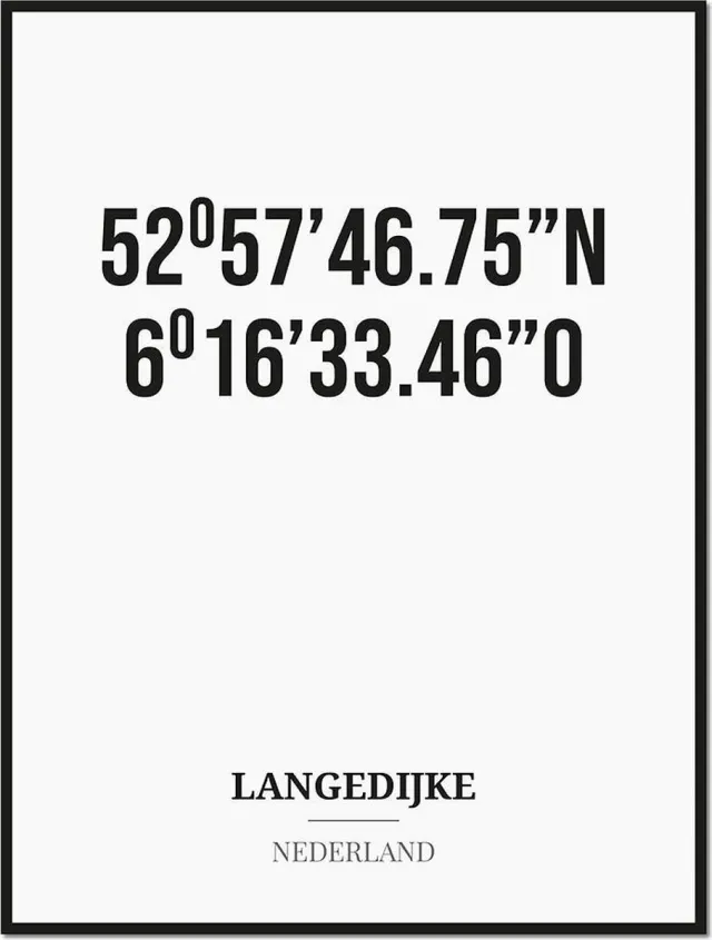Studio216 Poster/kaart LANGEDIJKE met coördinaten zwart, wit