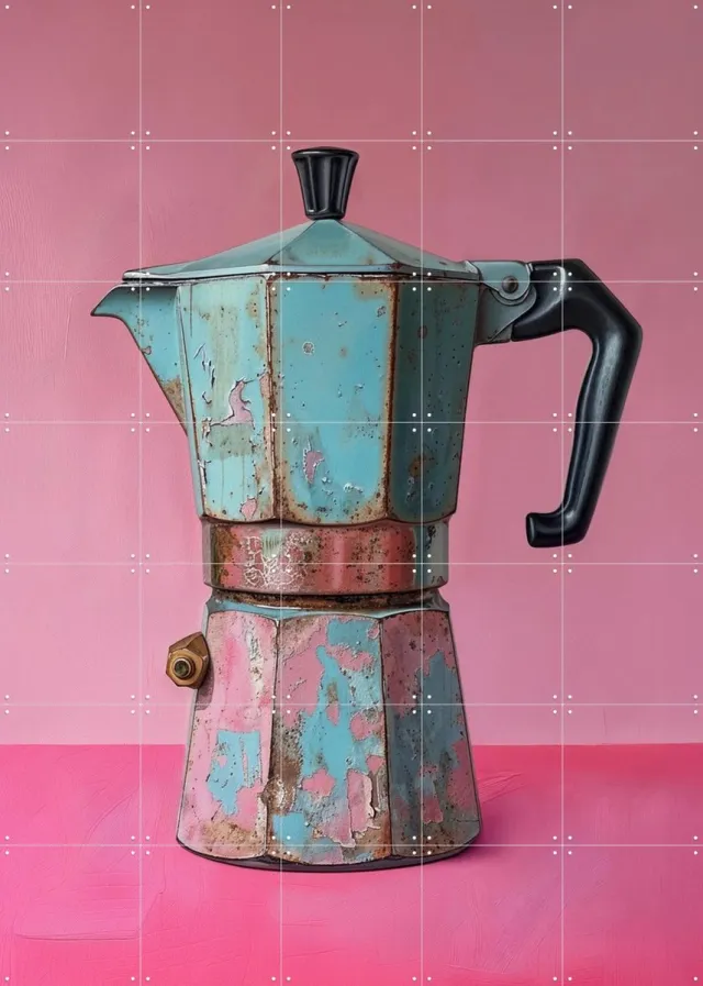 IXXI Vintage Coffee Percolator - Magenta and Turqoise, OTTI - 100 x 140 cm - Grote wanddecoratie en posters - Retro, Vintage, Keuken, Keukengerei Roze / Blauw
