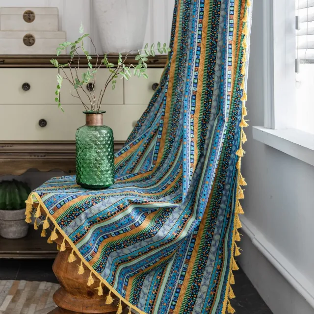 Ibenzoa Boheemse Gordijnen Set met Kleurrijke Verticale Strepen en Kwastjes, 220 x 150 cm, Landelijke Stijl blauw