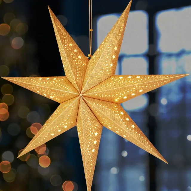 Brubaker 3D Hangende Kerstster - Raampapier Ster met E14 Voet - 60 cm Advent Ster met Decopatroon - Kerst Lichtster Set met 3,5 m Kabel - Ophangen - Goud Goud ster + patroon grof