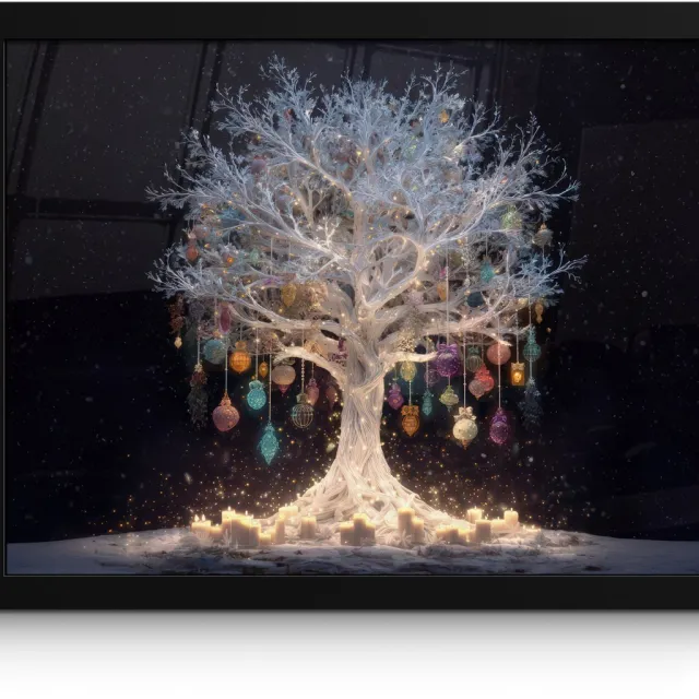 FrameYourWall Poster in lijst - Fotolijst 40x30 cm - Posters - Sneeuwboom - Lichtjes - Wit - Kleurrijk - Posterlijst zwart - Decoratie - Wanddecoratie woonkamer - Muurdecoratie slaapkamer - Kerstversiering - Kerstdecoratie voor binnen - Kerstmis