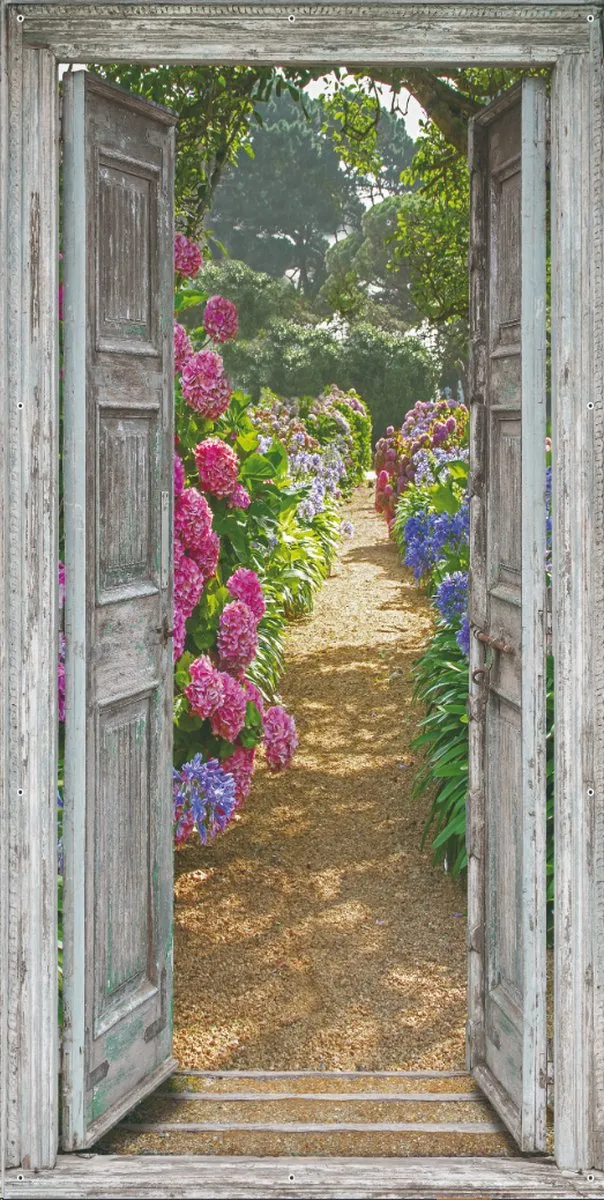 D&C Collection tuinposter - 85x170 cm - deurposter voor buiten - openslaande deuren hortensia tuin zonder huis - doorkijk - tuindecoratie - tuinpoort - balkon decoratie blauw,