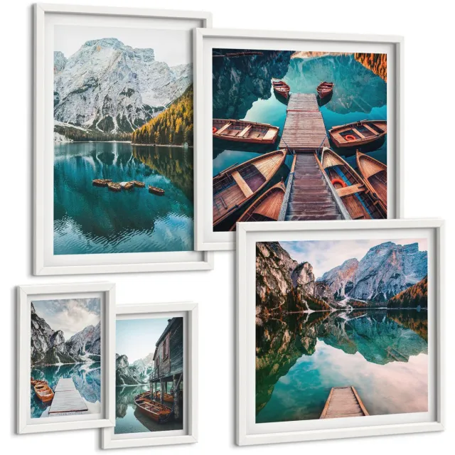 TULUP 4-Delige Schilderij Set - Bergmeren met houten boten in een natuurlijke stijl - 50 x 50 cm, 20 x 30 cm en 40 x 60 cm - Muurdecoratie - Wanddecoratie - Slaapkamer - Decoratieve Schilderijen Witte lijst